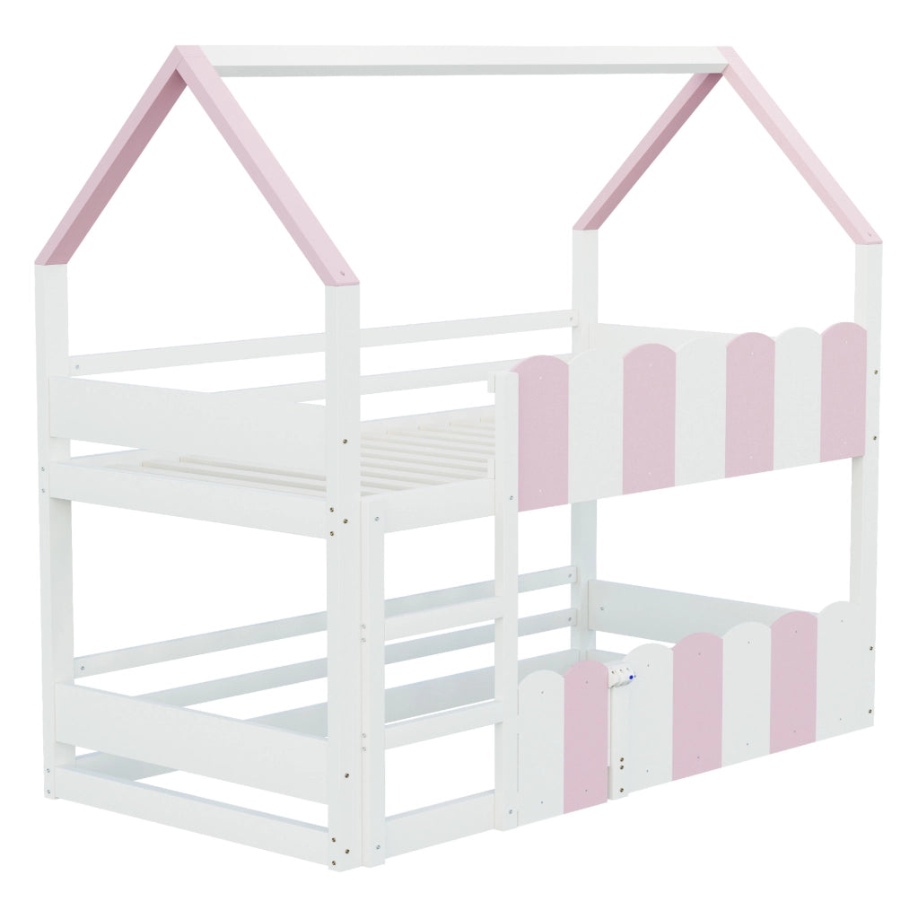 Letto a castello per bambini a forma di casetta 90x200 cm; rosa e bianco; con rete a doghe