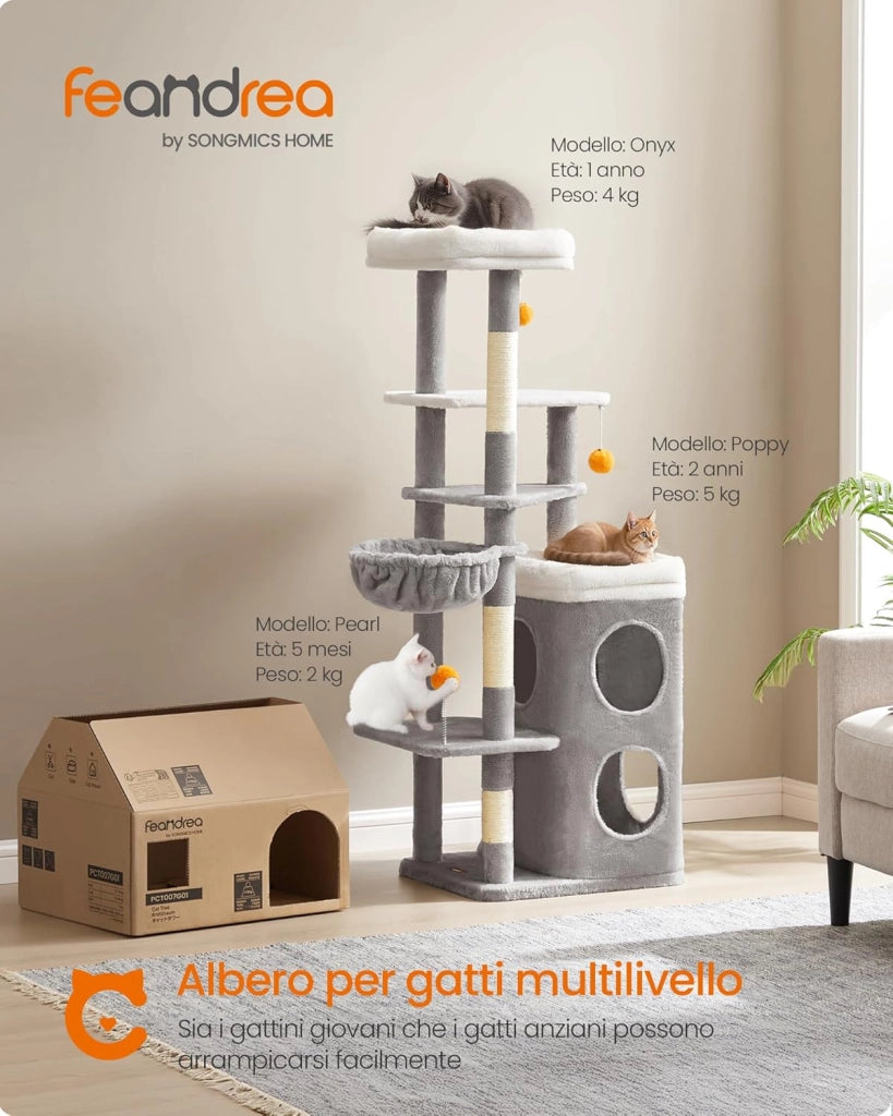 Feandrea Albero per Gatti Alto 152 cm, Tiragraffi per Gatti a Più Livelli con 2 Grotte Ampie, un’Amaca, 3 Colonne Graffiatoio, 3 Piattaforme, Grigio Tortora PCT007G01