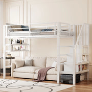 OKWISH Letto a soppalco 90×200 cm, Letto Singolo con Mensole, Scala con Contenitore e Sponda, senza Materasso, in Metallo, Bianco