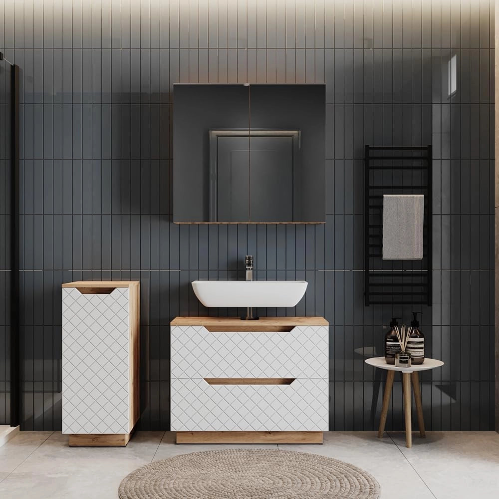 Set di mobili da bagno Lotta, Bianco, 79.6 cm, composto da mobile sottolavabo, specchiera e mobile medio