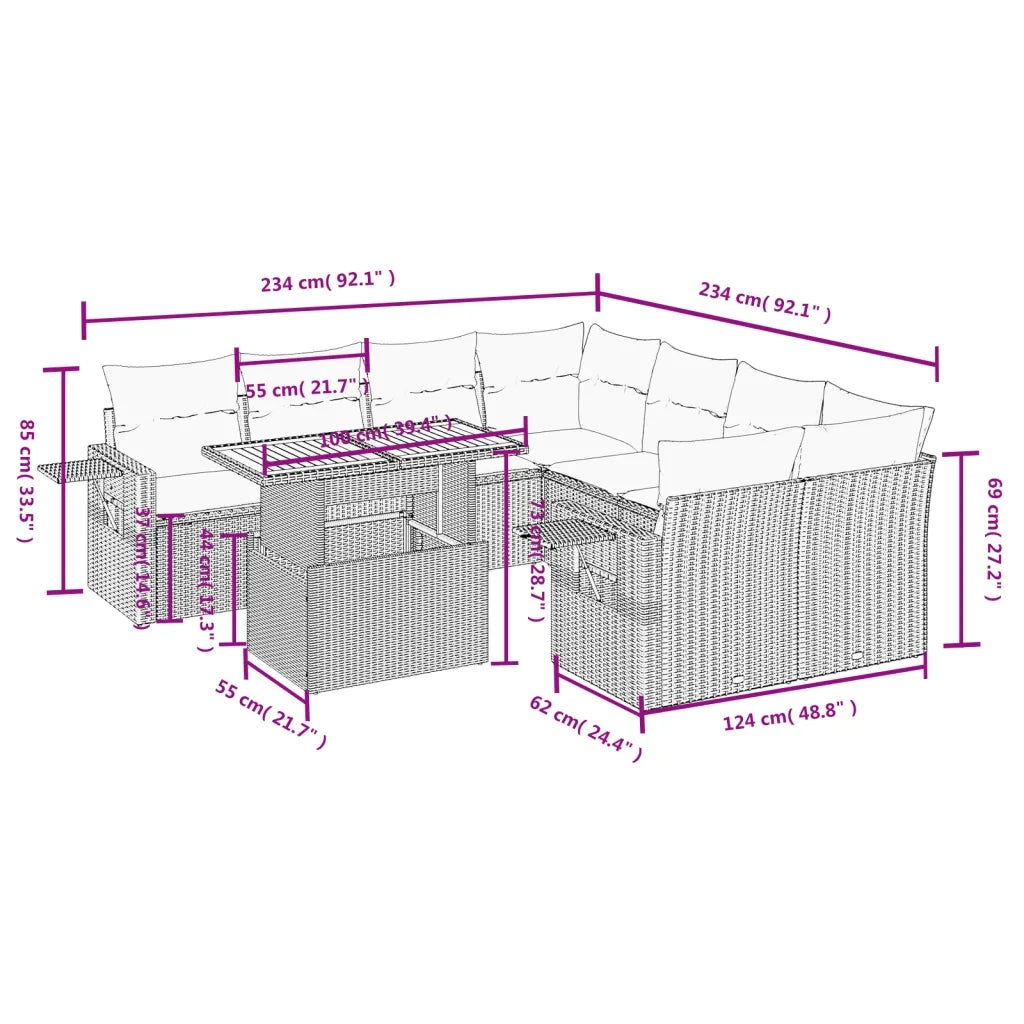 Set Divani da Giardino 9 pz con Cuscini Nero in Polyrattan