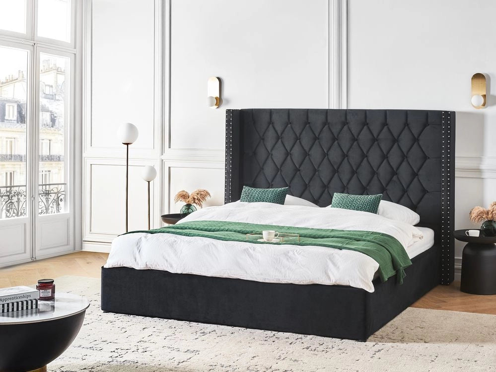 Letto contenitore velluto di colore nero e argento 180 x 200 cm stile glamour elegante