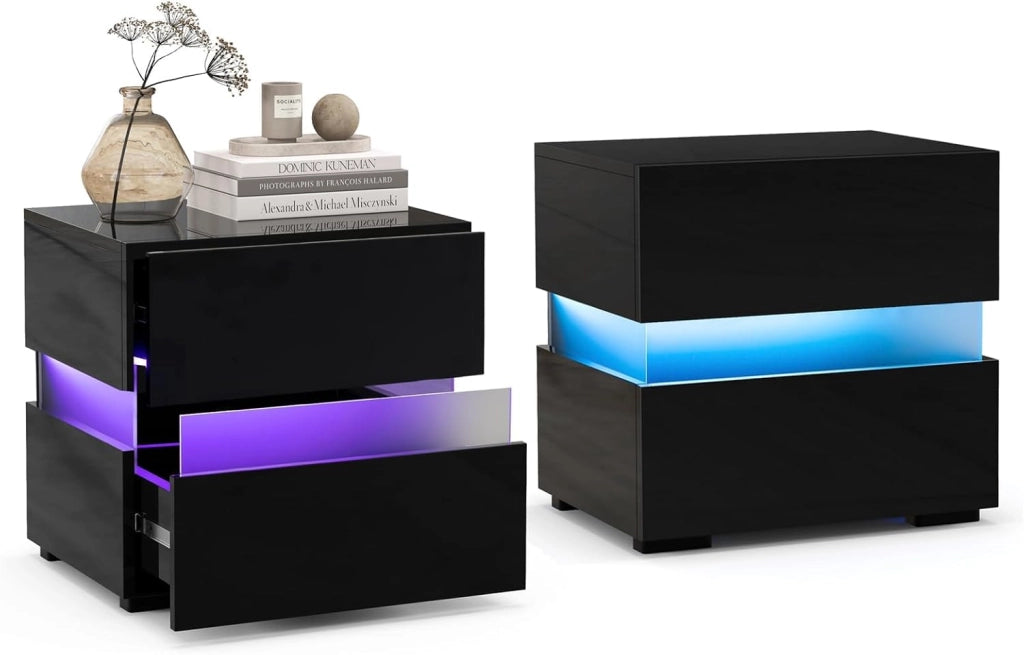 Tavolino a LED, Tavolino con Cassetto, Telecomando, 22 Modalità di Luce, 10 Velocità e 5 Luminosità, Comodino Moderno da Salotto e Camera da Letto (2, Nero)