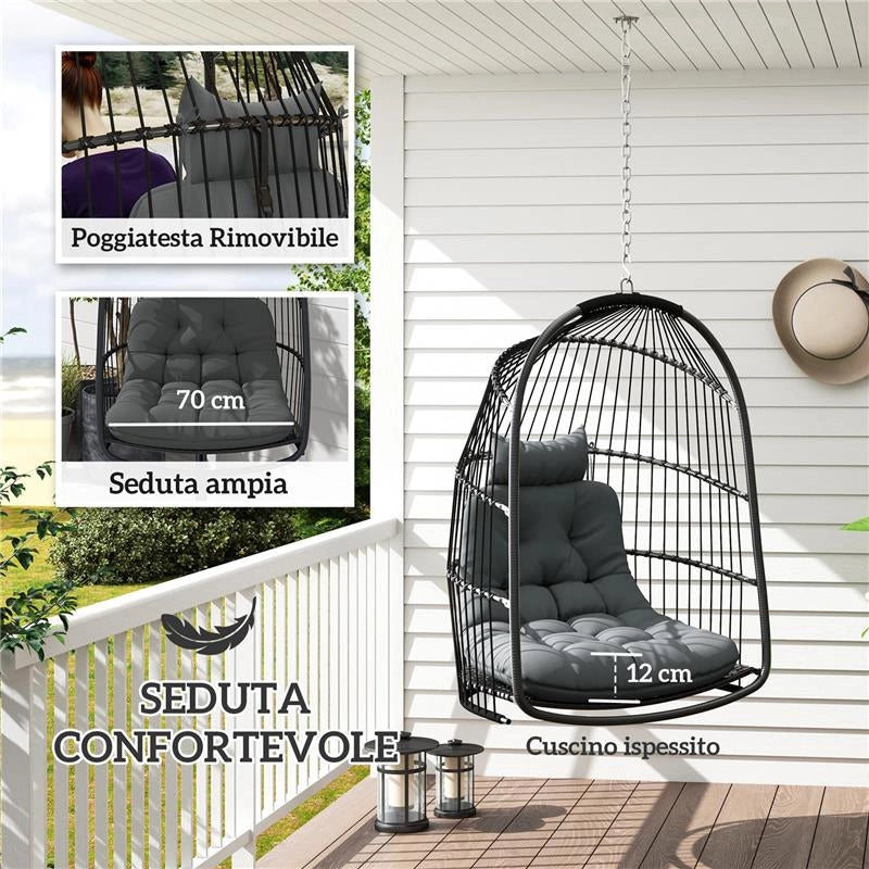SEDIA SOSPESA A DONDOLO PIEGHEVOLE DA INTERNO ED ESTERNO CON CUSCINO E POGGIATESTA GRIGIO SCURO