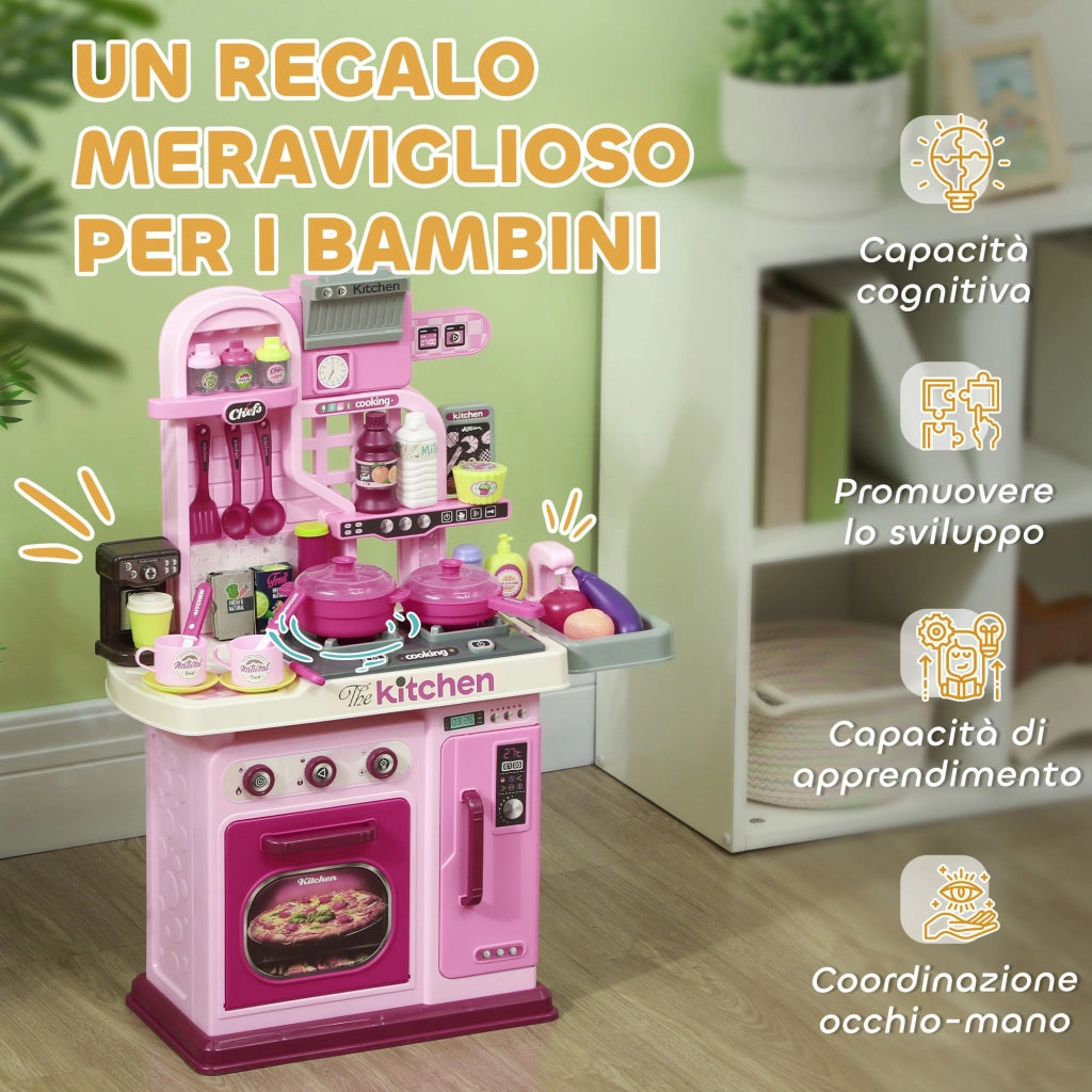 Cucina Giocattolo per Bambini 53x22x69 cm 33 Pezzi con Luci Suoni e Rubinetto Rosa