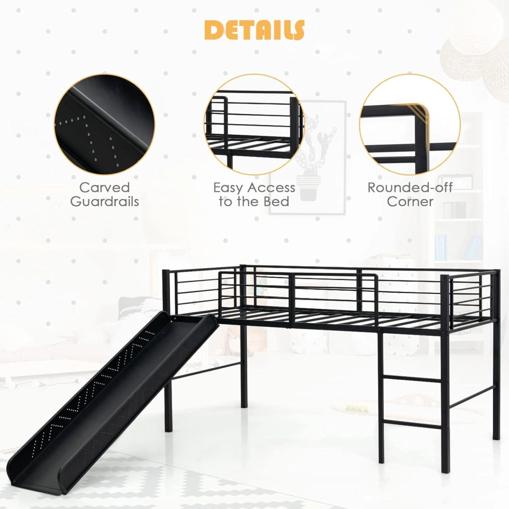 Letto a Soppalco per Bambini con Scivolo E Protezione Anticaduta e Scaletta, Struttura Letto in Metallo 96x198x109cm, Letto a Castello con Rete a Doghe, Fino a 150 kg (Nero)
