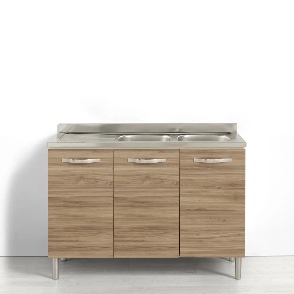 Sotto lavello + Lavello Vs DX per cucina componibile da 120 cm con 3 ante linea MAKA, realizzata in legno 100% MADE IN ITALY, colore Noce