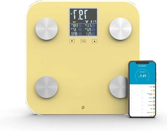 Bilancia Digitale Bluetooth con Misurazione BMI - 18 Precisazioni - Memoria per 9 Utenti - App Intelligente Ai Fit - Display Pro - Controllo del Peso e Monitoraggio della Grasso Corporeo - Giallo