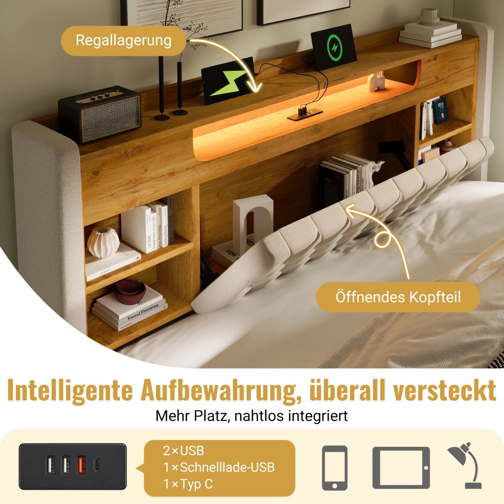 DESMIU Lit coffre 90 × 200 cm 1 piazza con LED, USB e Type-C, testiera con ripiano, senza materasso, beige