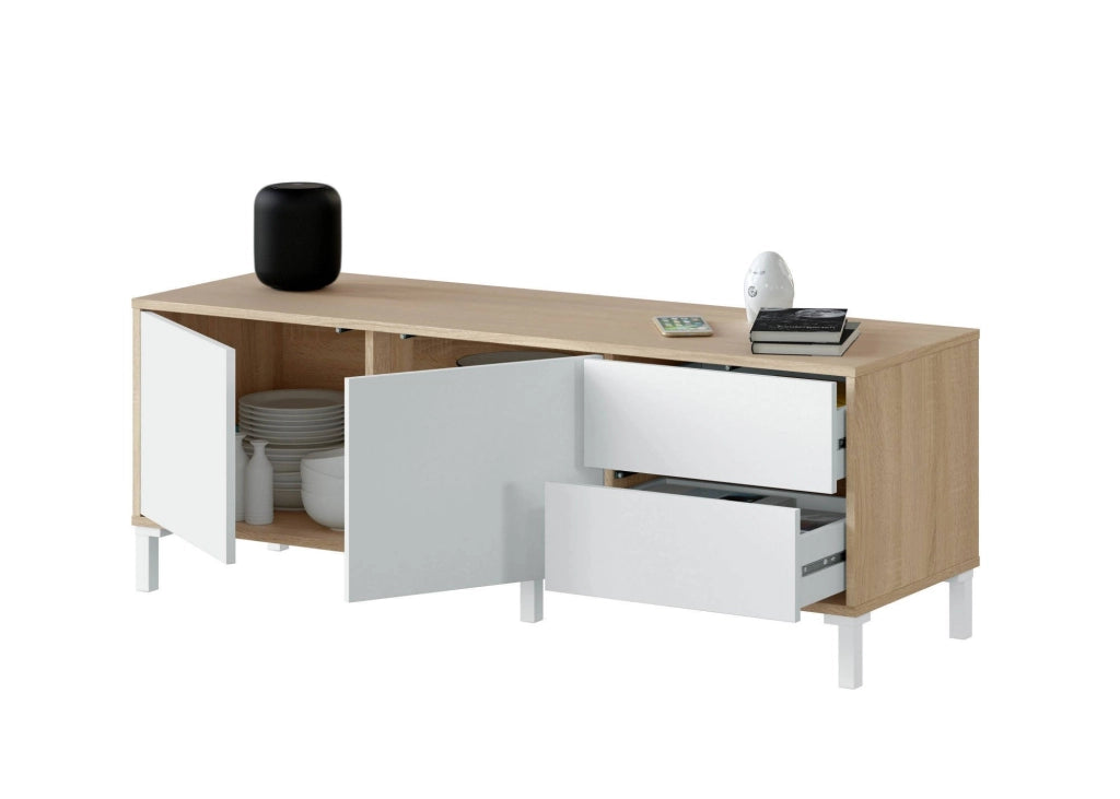 Mobile porta TV Alva, Credenza per televisione a 2 ante, Supporto TV da soggiorno, Mobile porta TV, Madia per salotto, cm 151x41h80, Rovere e Bianco