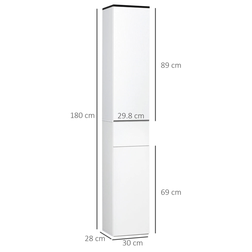 Easycomfort Mobile Bagno con Ripiano Regolabile, 2 Ripiani Chiusi e un Cassetto in Legno, 30x28x180 cm, Bianco