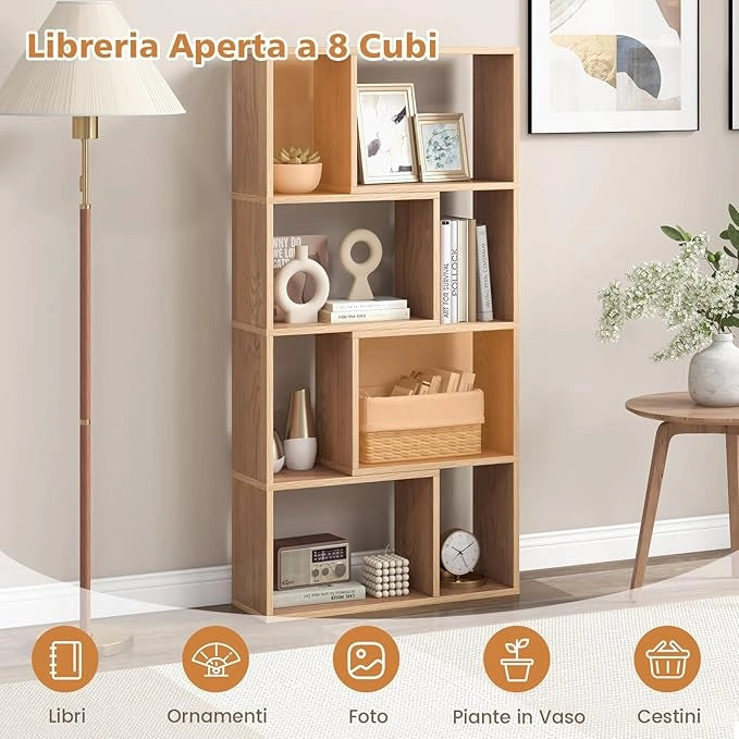 Libreria Geometrica a 4 Ripiani, Organizzatore Moderno con 8 Cubi, Mensola Espositiva a Pavimento, Mobile di Stoccaggio in Legno per Soggiorno Camera da Letto Studio, 60x20x120 cm (Naturale)