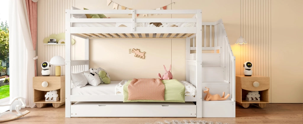 DESMIU Letto a castello 1 posto 90 × 200 cm con ripiani a scala, letto estraibile, senza materasso, bianco