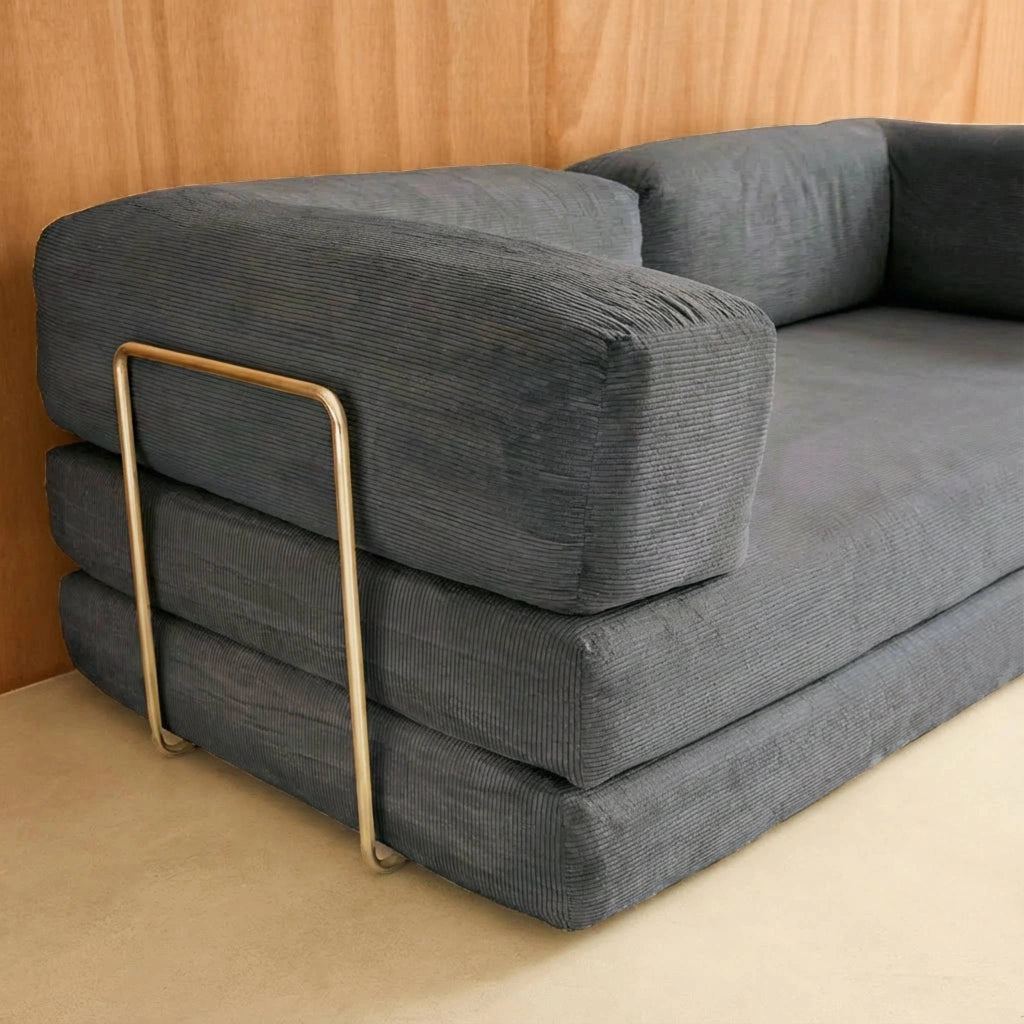 Divano letto futon in velluto a coste e struttura cromata, grigio