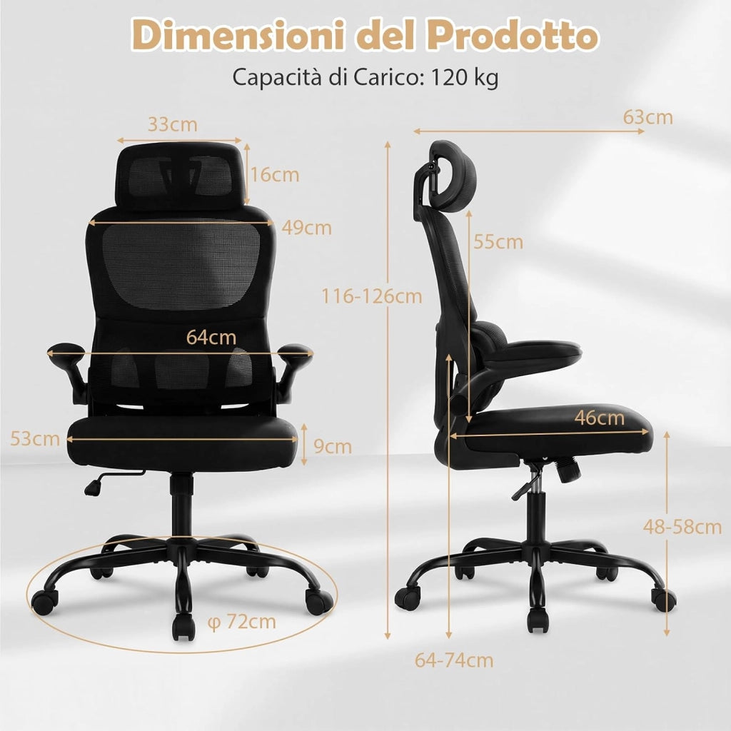 Sedia da Ufficio Ergonomica, Sedia da Scrivania Computer, Poggiatesta e Supporto Lombare, Regolabile in Altezza, Portata 120 kg, Nero