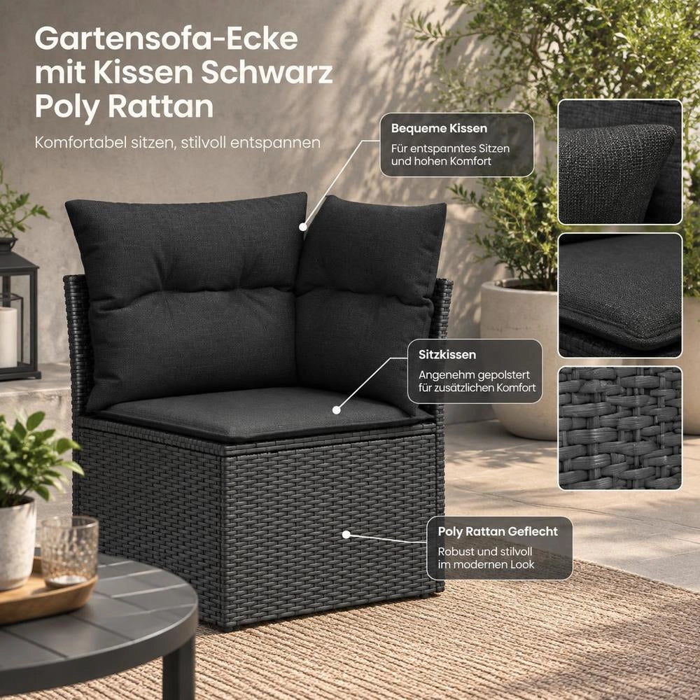 Garden Sofa Corner Unit With Cushions, Black Poly Rattan