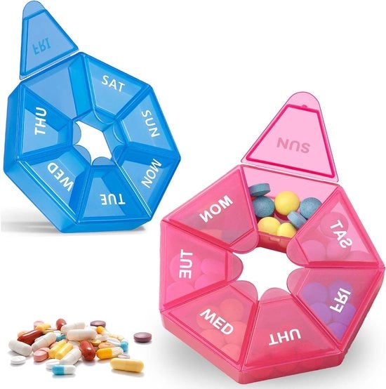 Cassetta di pillole rotonda con sette reti - 2 articoli - Contenitore di medicamenti trasportabile idrorepellente - Cassetta di pillole BPA libera - Adatta per vitamine e medicinali (rosa + blu)