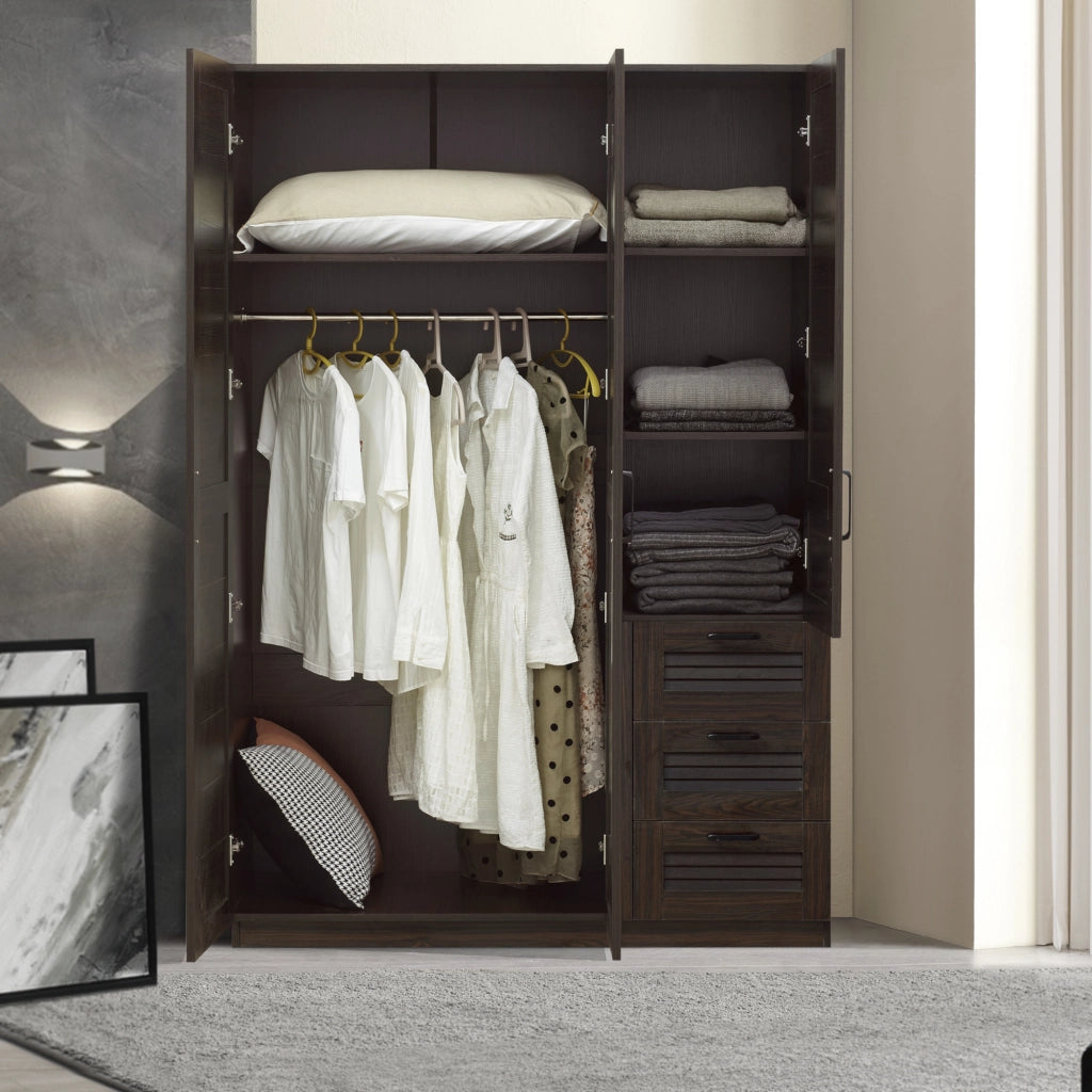 Armadio Guardaroba Finning con Ante a Persiana e Cassettiera 176 x 120 x 52 cm Effetto Noce Scuro [en.casa]