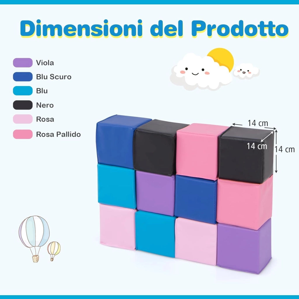 Set di 12 Blocchi da Costruzione in Schiuma EPE, Cubi Colorati 14 x 14 cm con Copertura in Finta Pelle Impermeabile, Blocchi Morbidi per Bambini per Impilare e Arrampicarsi (Rosa e Nero)