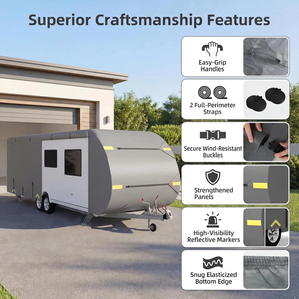 Copertura di Protezione per Camper, Telo Copri Caravan in Tessuto a 5 Strati, Cover Roulotte, Traspirante, Resistente a Vento, Acqua e Sole, con Borsa Trasporto (681 x 267 x 274cm)
