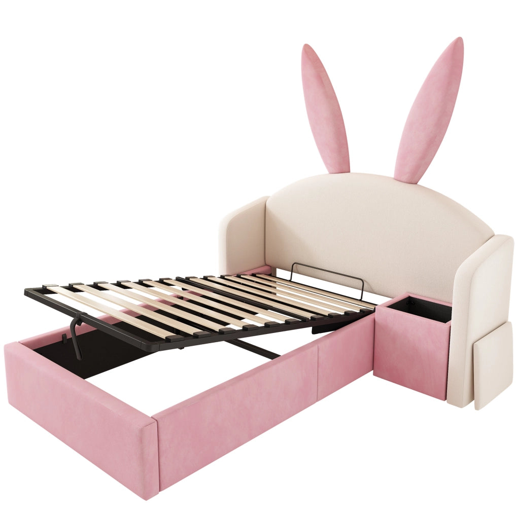 Letto per bambini 90x190 cm in velluto con contenitore e comodino beige e rosa