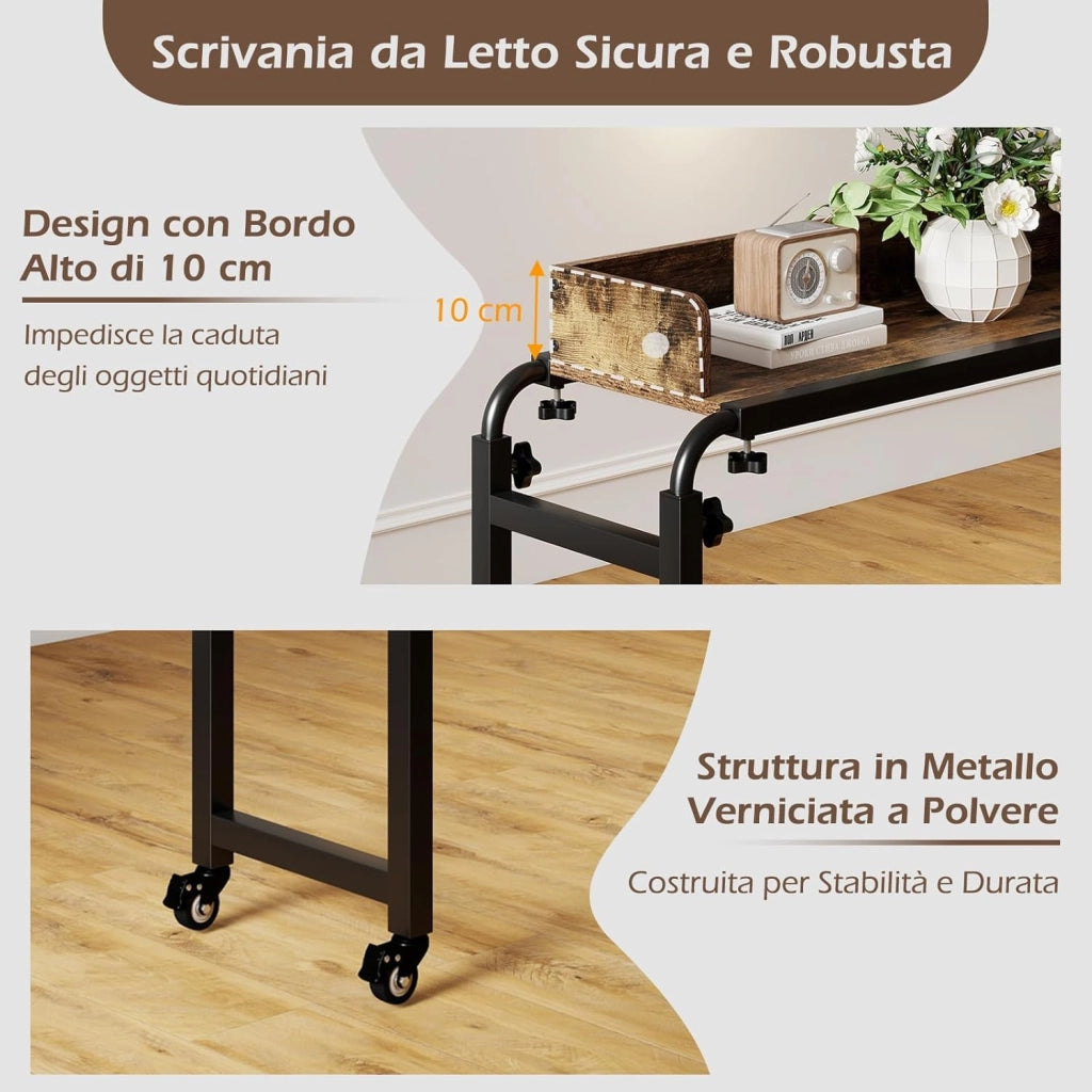 Scrivania da Letto con Ruote, Tavolino da Letto Salvaspazio con Altezza e Lunghezza Regolabili, Telaio in Metallo, Scrivania Portatile per Camera da Letto, Soggiorno e Ospedale (Marrone)