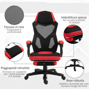 Sedia da Gaming Ergonomica e Reclinabile 58x63x112-122 cm in Tessuto a Rete Nero e Rosso
