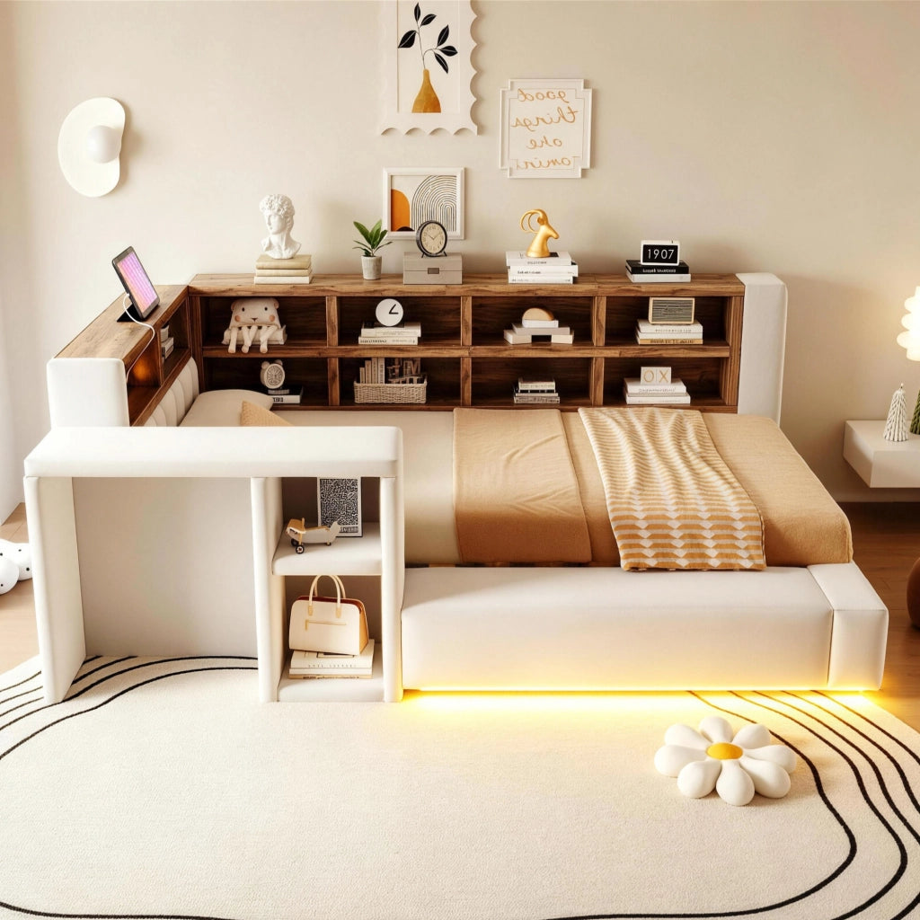 Letto imbottito singolo 90×200 cm con testiera; ripiani; LED; prese e tavolino; senza materasso; beige