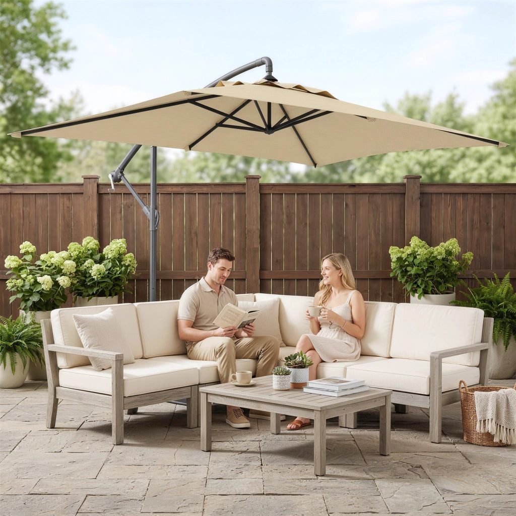 Ombrellone da Giardino Decentrato con Base a Croce e Apertura a Manovella, 294x193cm, Beige