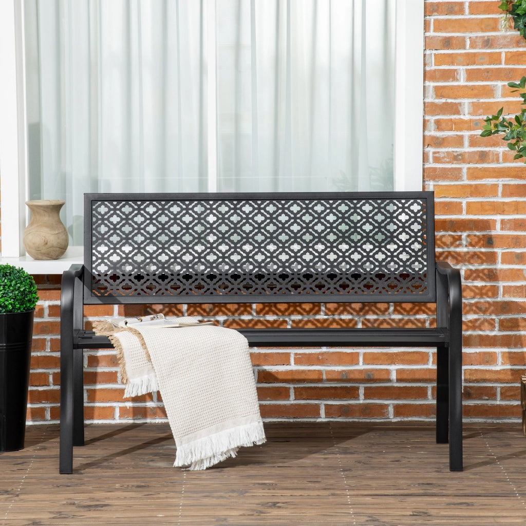 Panchina da giardino a 2 posti in acciaio nero con schienale e braccioli, 127 x 63 x 83 cm, portata max. 240 kg