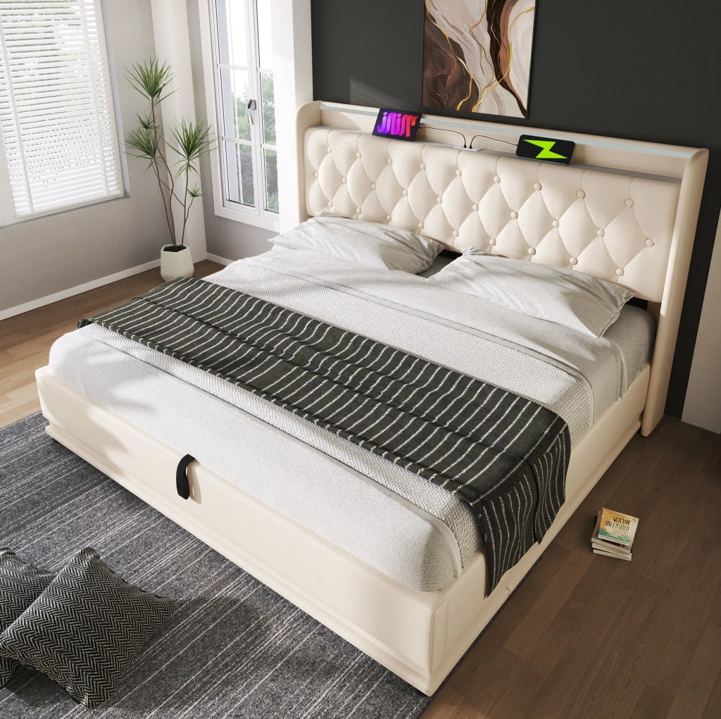 Letto matrimoniale contenitore 180x200 cm con LED; USB e Type-C; testiera imbottita in PU bianco