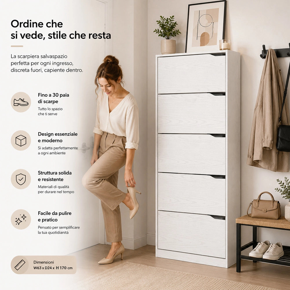 Scarpiera 5 Ripiani Bianca con Maniglia Scomparsa Scarpe Salvaspazio 63x24x170cm