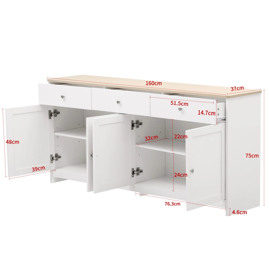 Credenza sideboard 160 cm con 4 ante; 3 cassetti e ripiani regolabili; MDF bianco