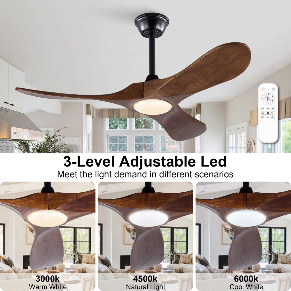 Ventilatore da soffitto 42 pollici con luce, 3 pale legno massello, 3CCT, motore DC silenzioso reversibile, telecomando, moderno