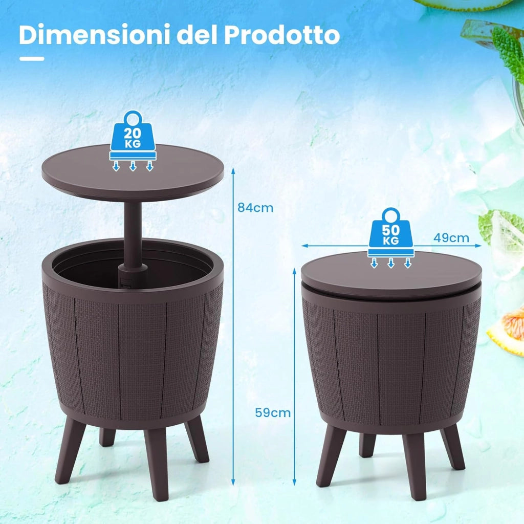 2 in 1 Tavolino Frigo 38L da Esterno, Secchiello Ghiaccio Regolabile in Altezza 49 x 59-84H cm, Tavolo Bar con Tappo di Drenaggio, per Piscina, Cortile e Campeggio (Marrone)