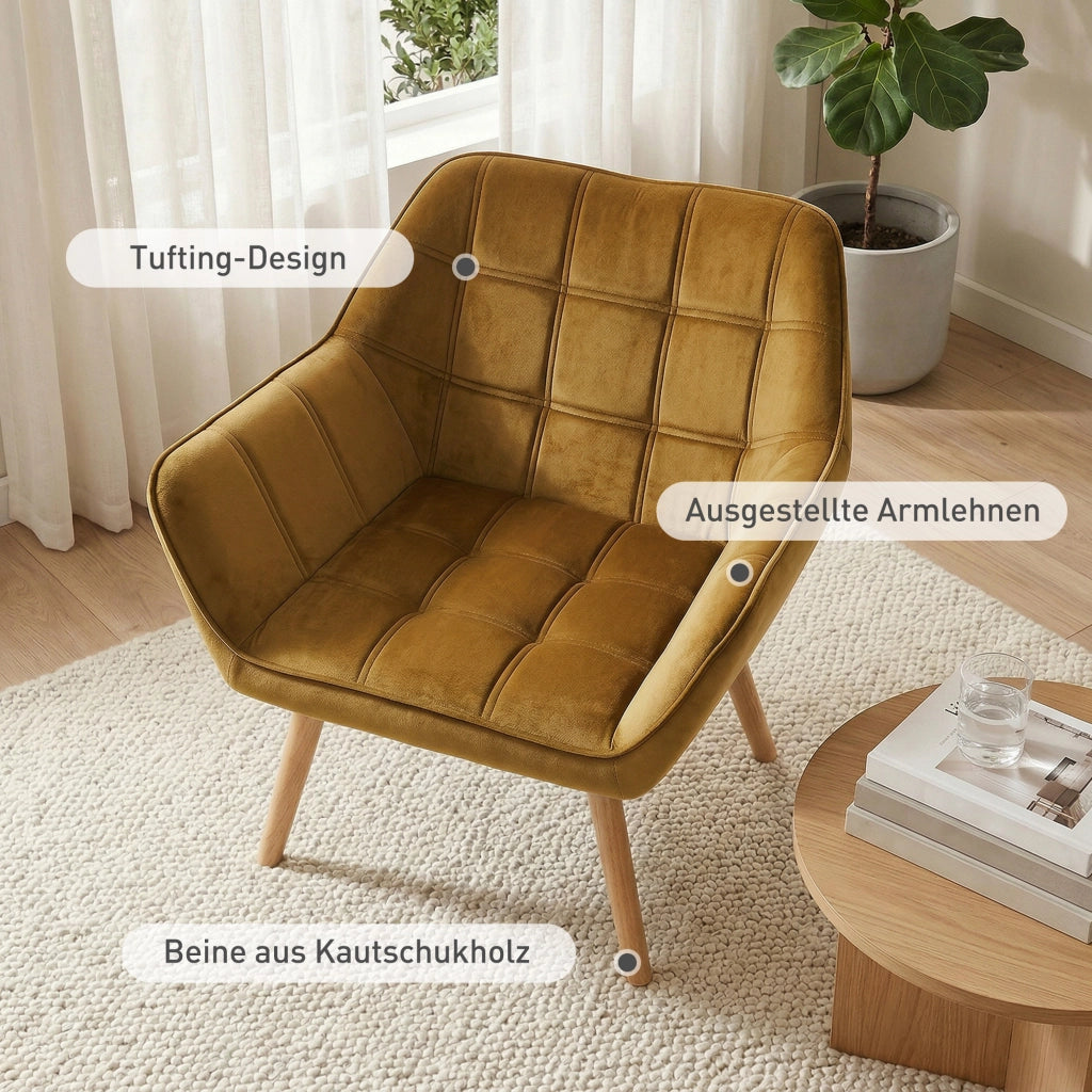 Poltrona in velluto giallo ¨C Xylo ¨C Design scandinavo con gambe in legno, capacit¨¤ 120 kg