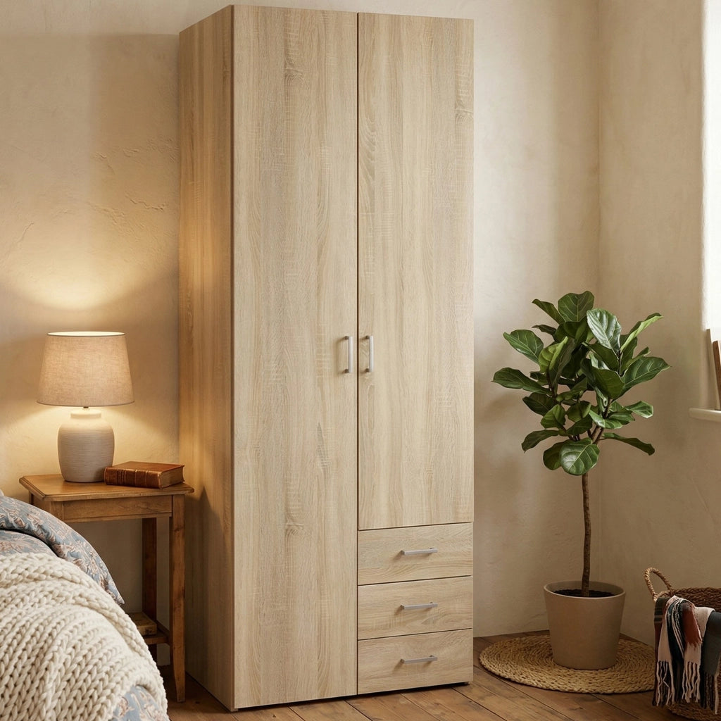 Armadio guardaroba a due ante e tre Apollina, colore quercia, cm 77 x 49 x h200