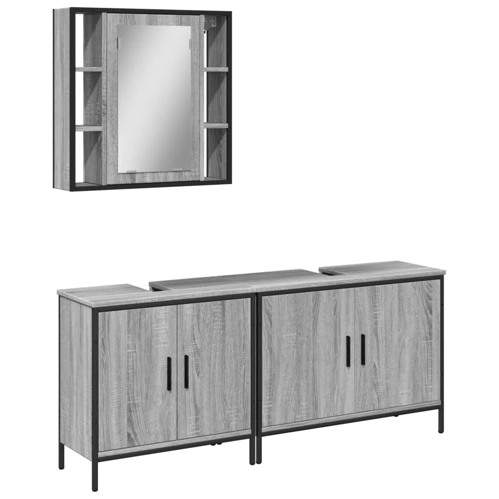 Set Mobili da Bagno | Armadio da bagno 3 pz Grigio Sonoma in Legno Multistrato