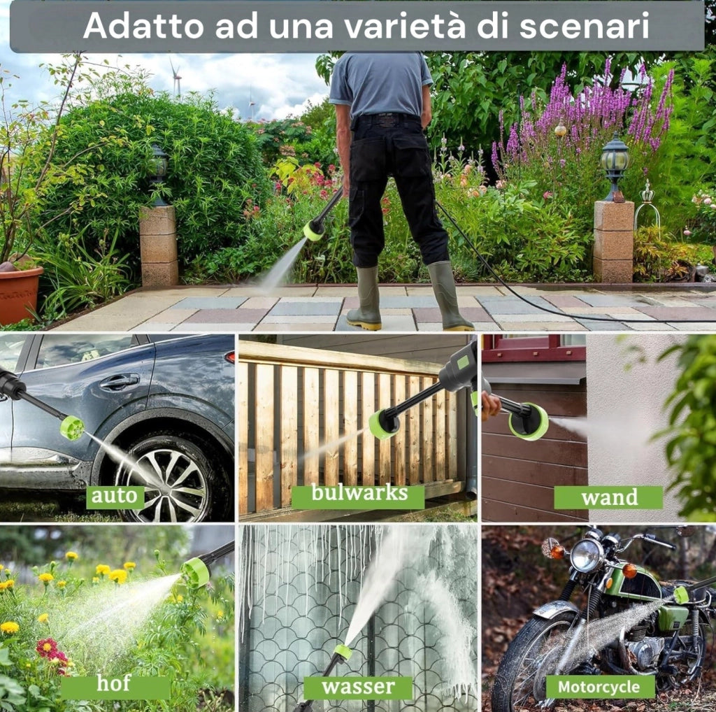 Idropulitrice Portatile a Batteria 48V 6000mAh Brushless Alta Pressione con Pistola, Lancia, Ugelli, Tubo e Accessori per Auto, Giardino, Terrazze, Piscine e Mobili Esterni