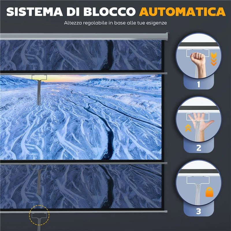 TELO PER PROIETTORE 120" RAPPORTO 16:9, FISSAGGIO A MURO E SOFFITTO PER CASA E UFFICIO, BIANCO