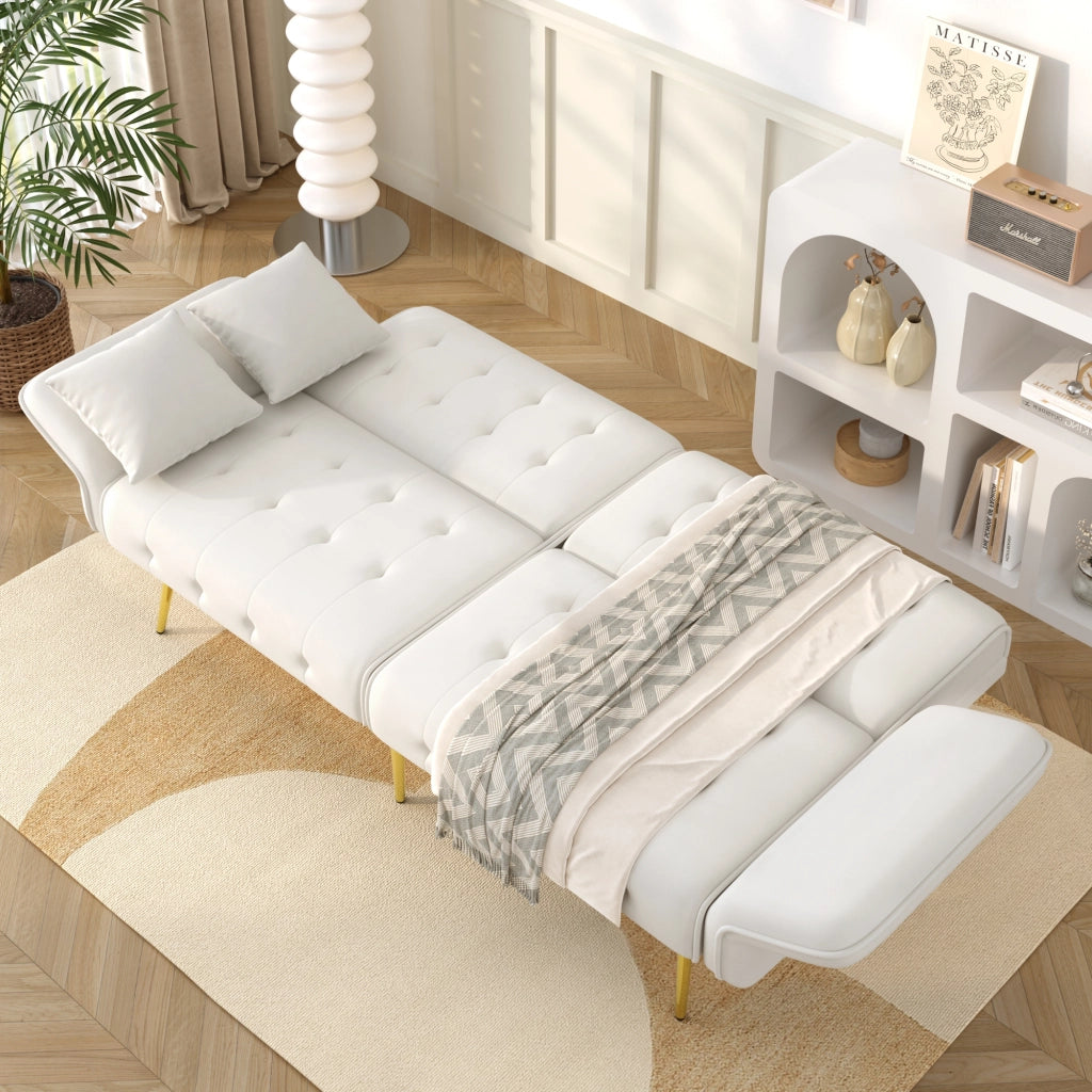 OKWISH Divano Letto 2 Posti, Schienale Regolabile e Braccioli Multi Posizione, con Cuscini, Velluto, Bianco Antico