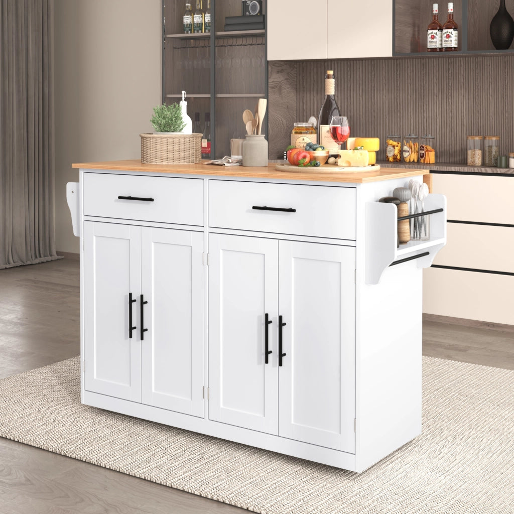 Isola da Cucina Mobile 120x46/70x91 cm Bianca con Piano Ribaltabile; 2 Cassetti; Ruote e Gambe in Legno