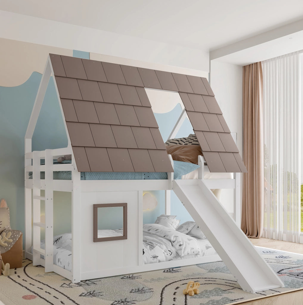 Letto a castello a casetta 140x200 cm bianco e marrone