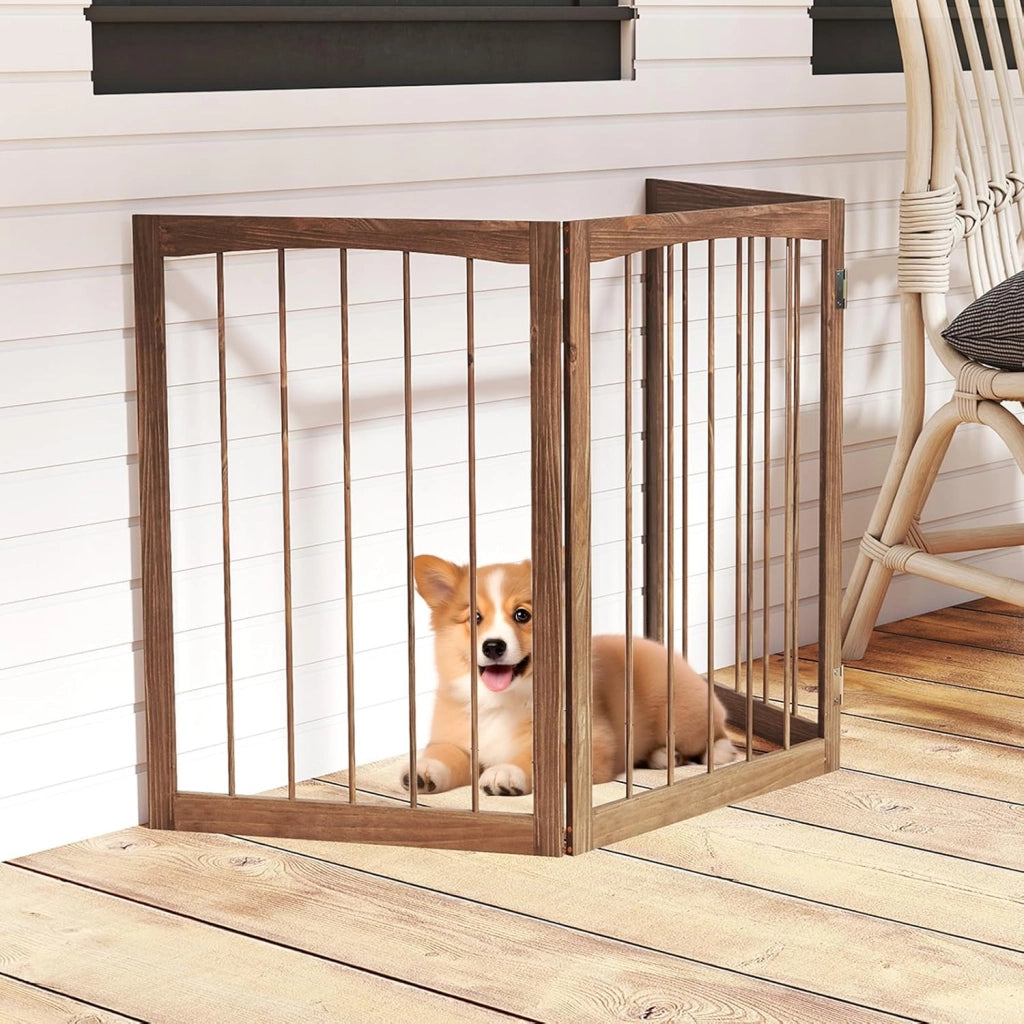 Cancelletto per Cani Pieghevoli 159 x 76 cm, Barriera per Cani in Legno a 3 Pannelli, Recinzione per Scale, Ingressi e Corridoi (Marrone)