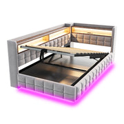 Letto contenitore singolo 90×200 cm con LED; USB e Type-C; ripiani e vano idraulico; senza materasso; grigio chiaro