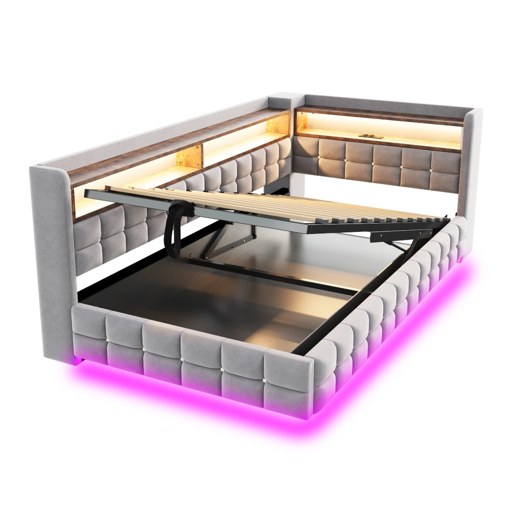 Letto contenitore singolo 90×200 cm con LED; USB e Type-C; ripiani e vano idraulico; senza materasso; grigio chiaro