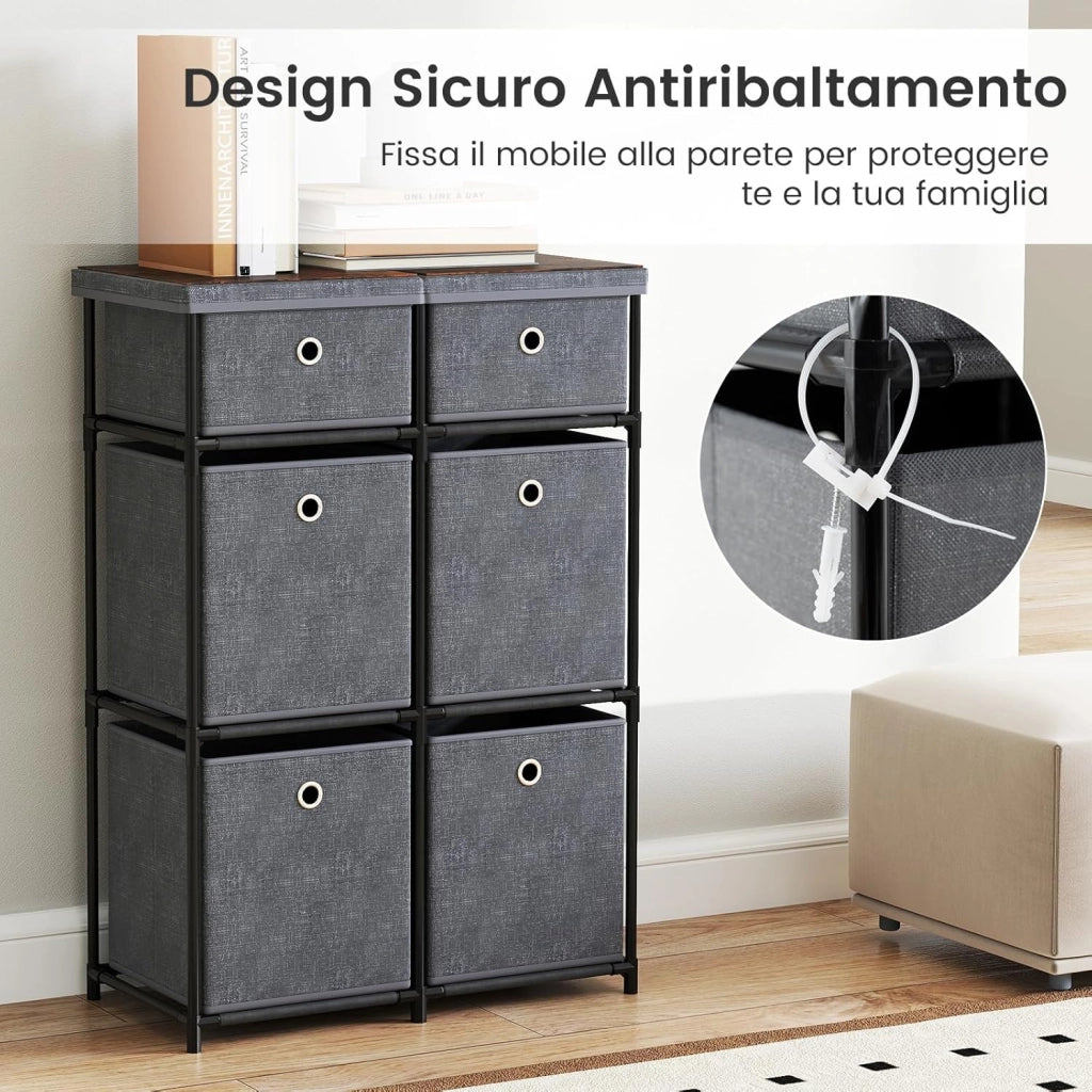 Comò con 6 Cassetti, Cassettiera in Tessuto con Struttura in Metallo e Legno, Armadietto Portaoggetti Salvaspazio, per Soggiorno, Camera da Letto e Corridoio (58 x 29 x 84 cm,Grigio)