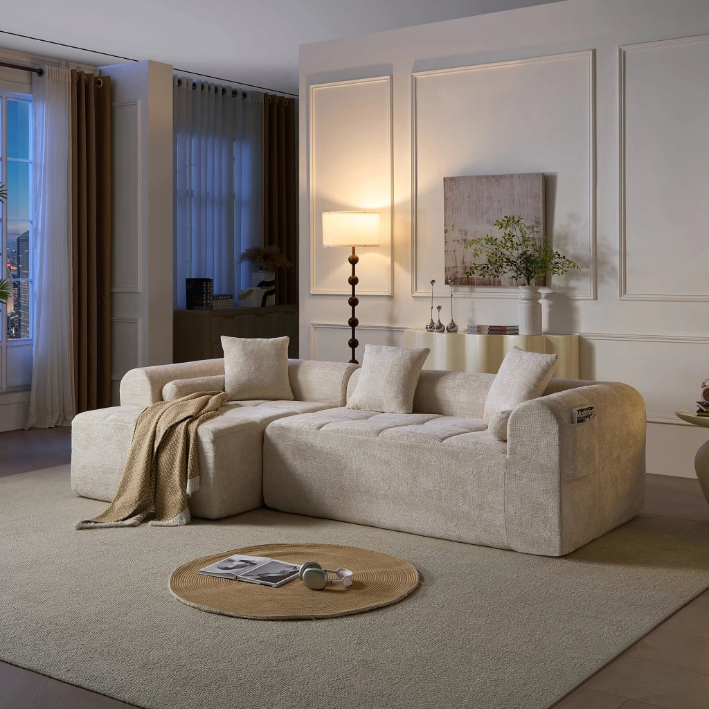 Divano angolare in chenille beige 263 cm con tasca laterale e imbottitura ergonomica
