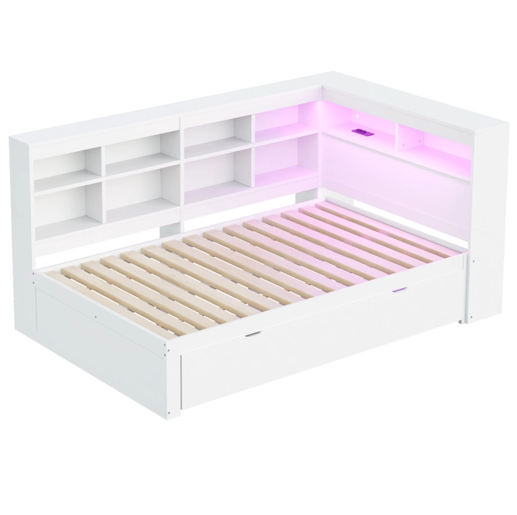 Divano letto 140x200 cm; con USB e LED; legno bianco
