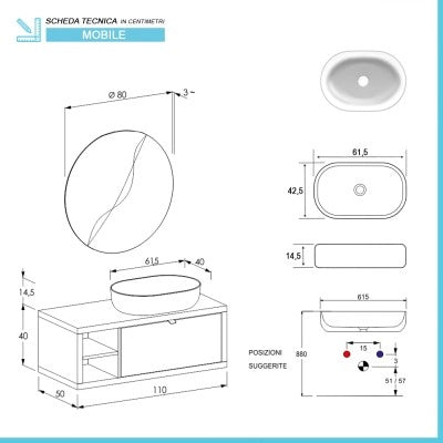Mobile bagno sospeso 110 cm grigio cemento con cassetto e vano a giorno completo di lavabo e specchio Master